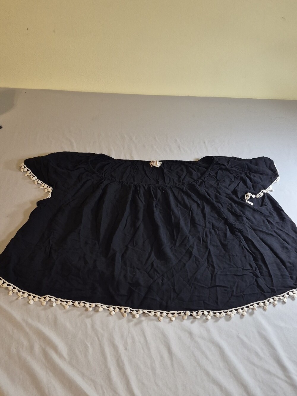 Womens Black Pom-Pom Trim Off-Shoulder Croc Top
